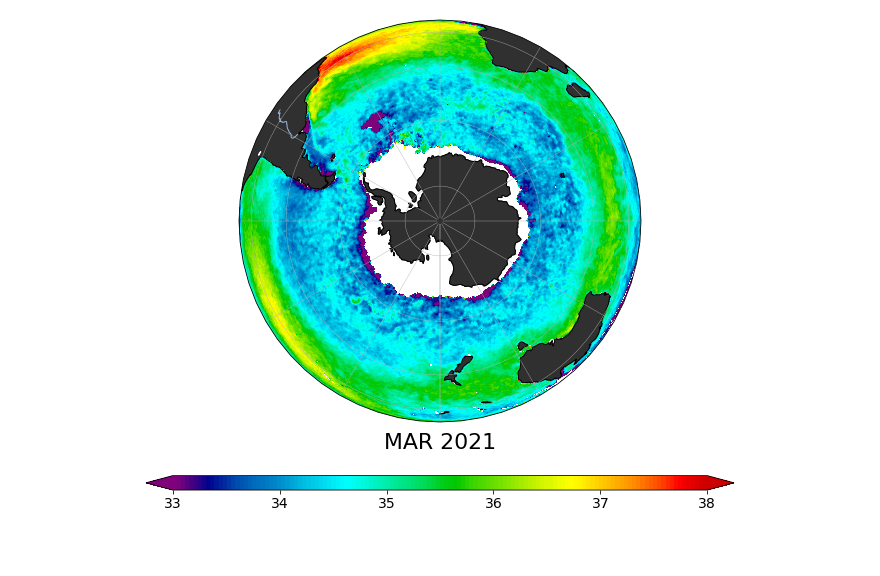 Sea surface salinity, March 2021