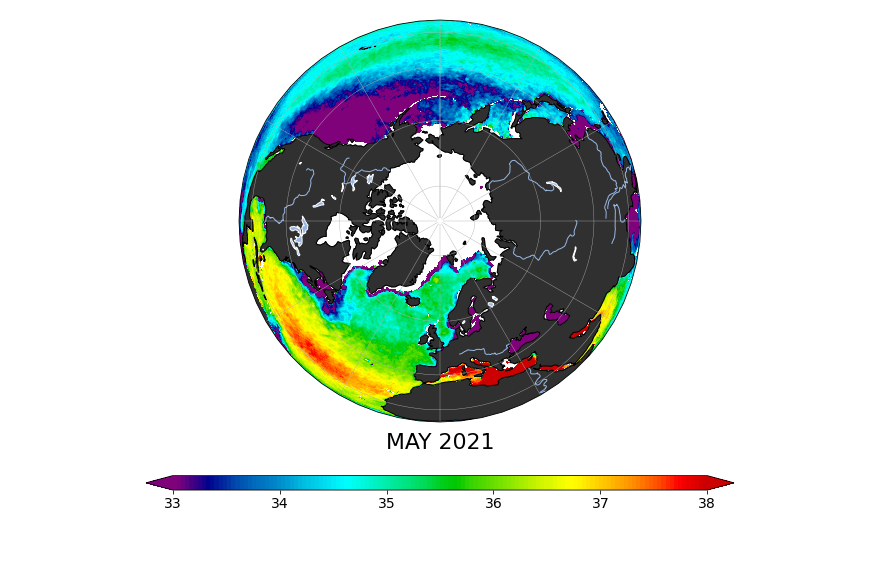 Sea surface salinity, May 2021