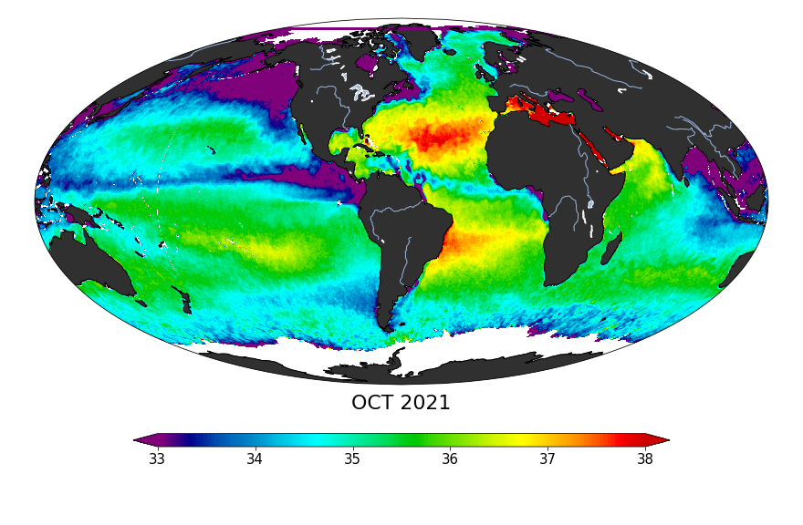 Sea surface salinity, October 2021