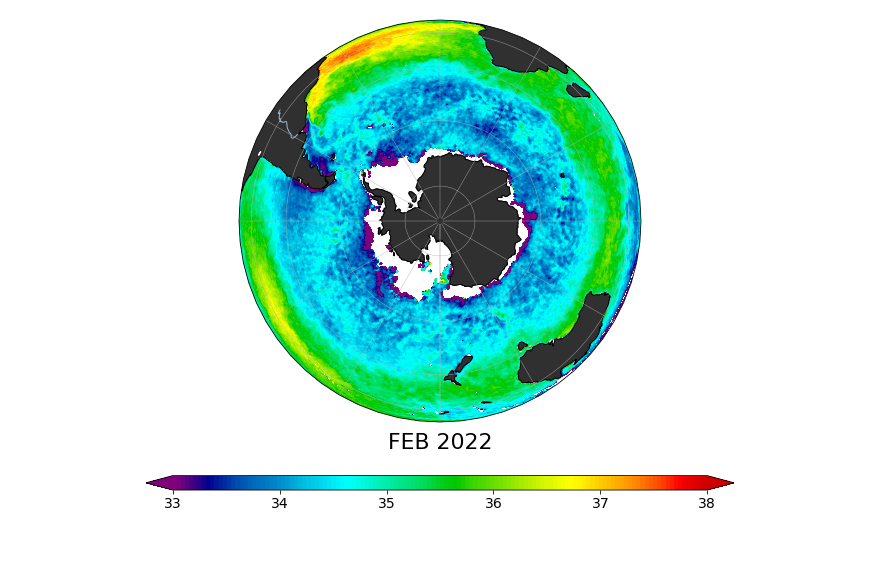 Sea surface salinity, February 2022
