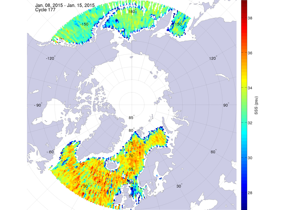 Sea surface salinity maps of the northern hemisphere ocean, week ofJanuary 8-15, 2015.