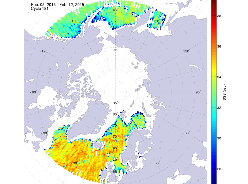 Sea surface salinity maps of the northern hemisphere ocean, week ofFebruary 5-12, 2015.