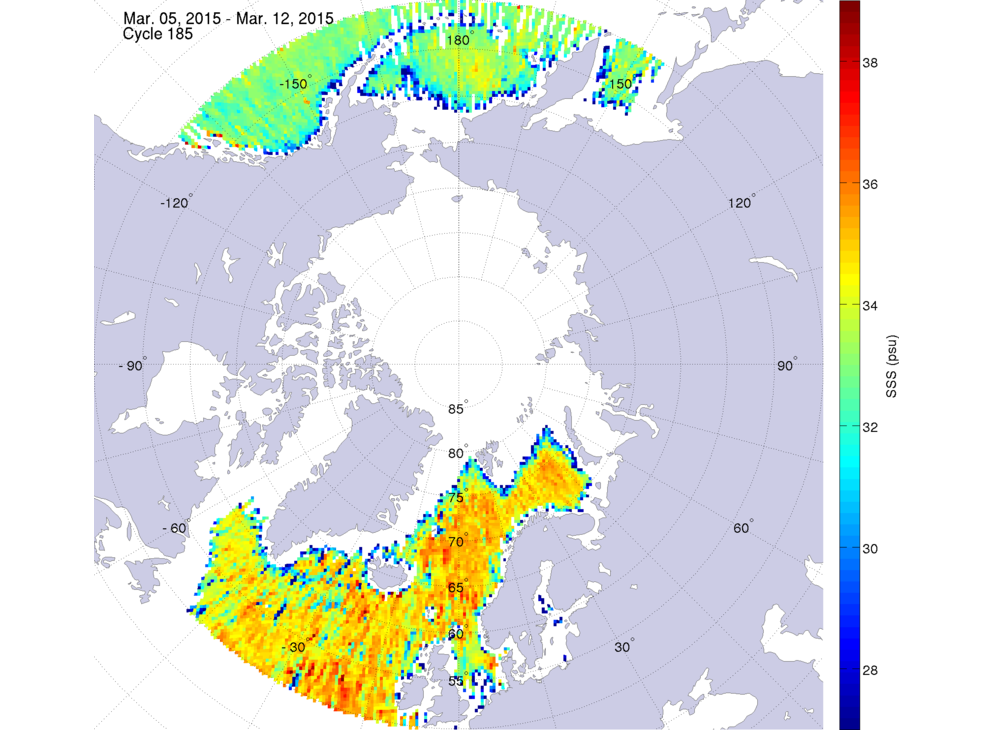 Sea surface salinity maps of the northern hemisphere ocean, week ofMarch 5-12, 2015.