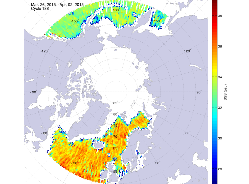 Sea surface salinity maps of the northern hemisphere ocean, week ofMarch 26 - April 2, 2015.