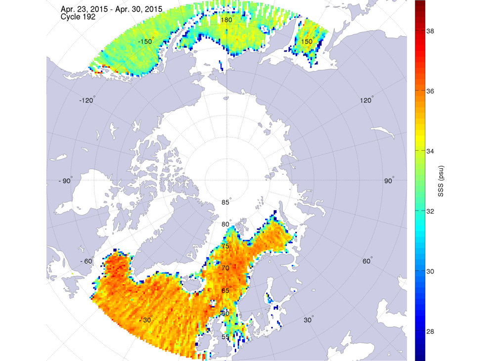 Sea surface salinity maps of the northern hemisphere ocean, week ofApril 23-30, 2015.