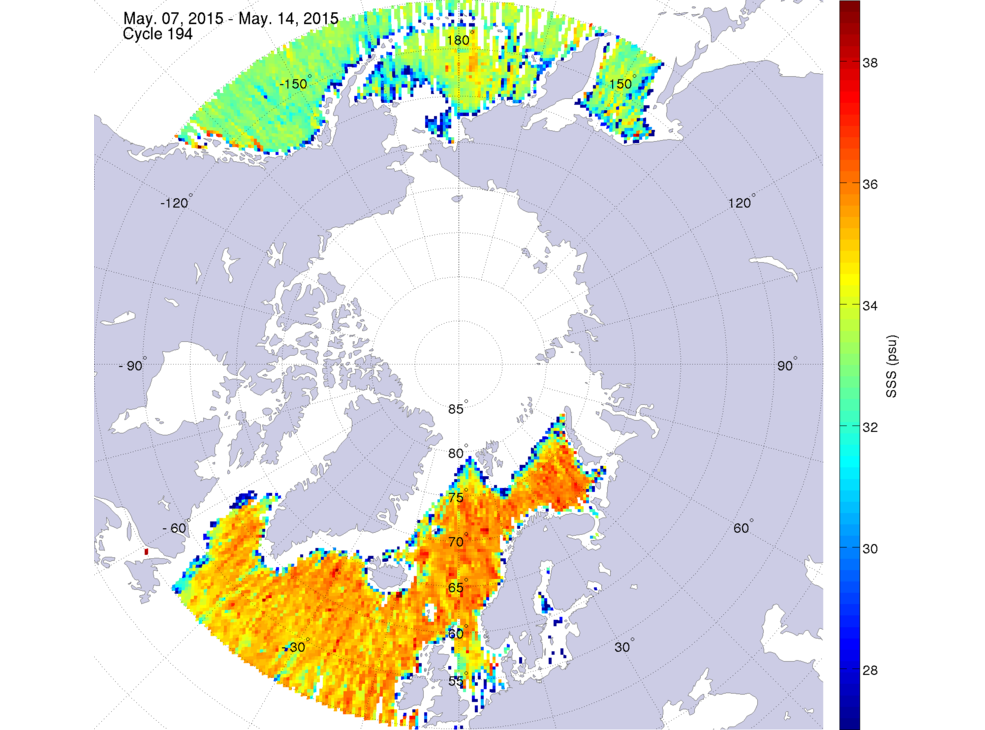 Sea surface salinity maps of the northern hemisphere ocean, week ofMay 7-14, 2015.