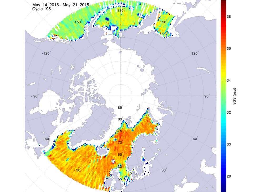 Sea surface salinity maps of the northern hemisphere ocean, week ofMay 14-21, 2015.