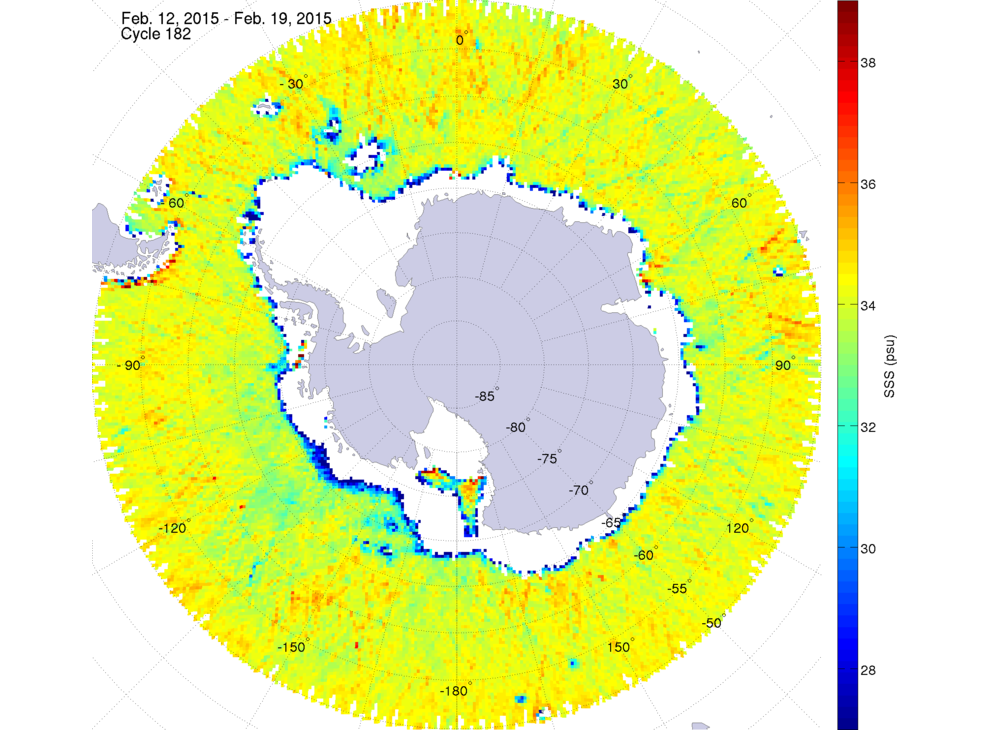 Sea surface salinity map of the southern hemisphere ocean, week ofFebruary 12-19, 2015.