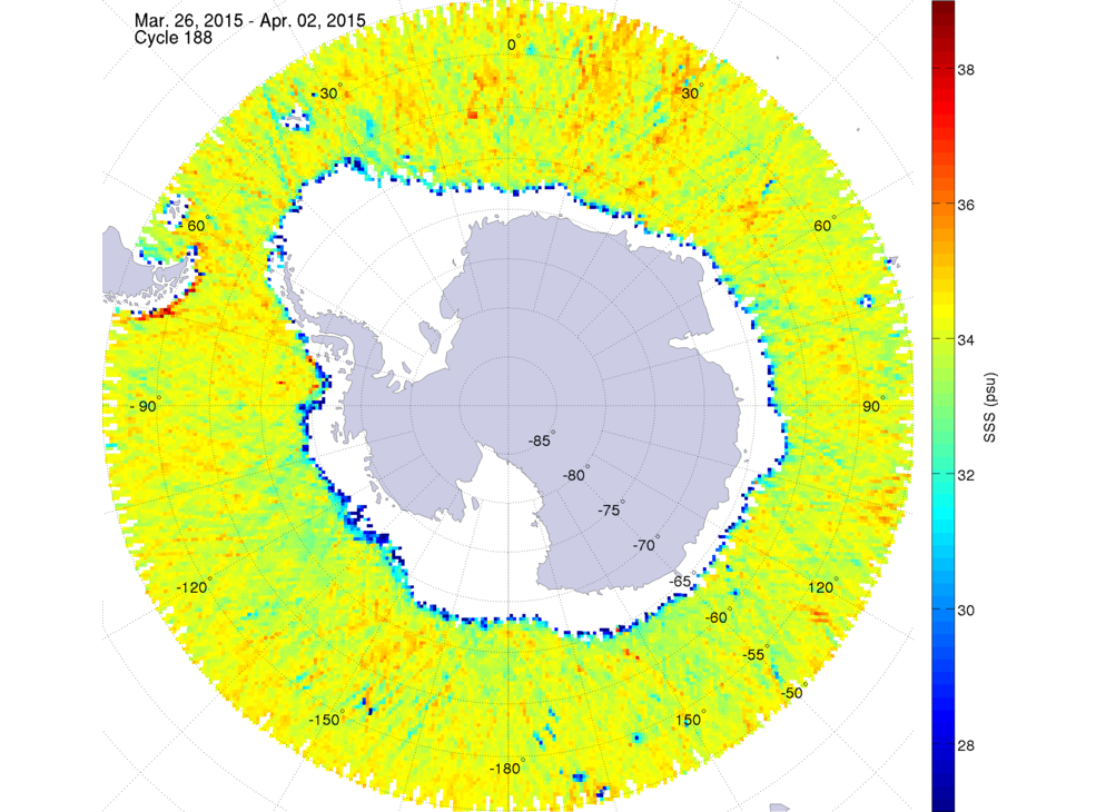 Sea surface salinity map of the southern hemisphere ocean, week ofMarch 26 - April 2, 2015.