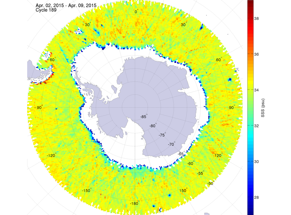 Sea surface salinity map of the southern hemisphere ocean, week ofApril 2-9, 2015.