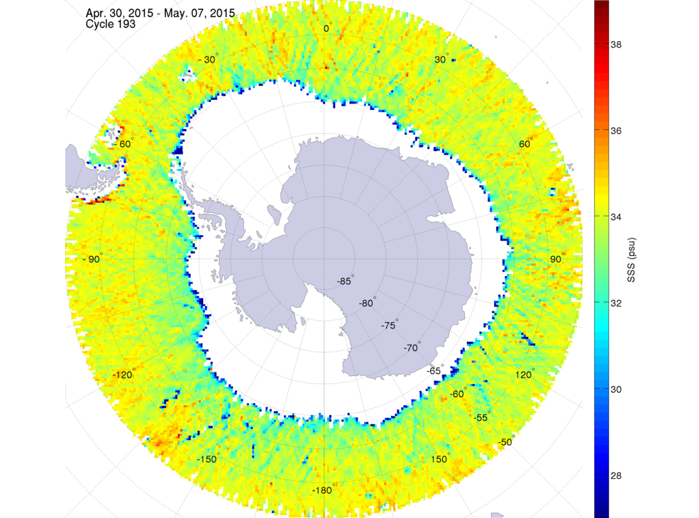Sea surface salinity map of the southern hemisphere ocean, week ofApril 30 - May 7, 2015.
