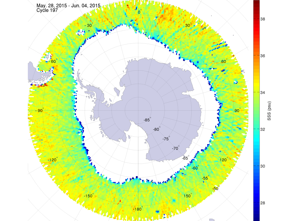 Sea surface salinity map of the southern hemisphere ocean, week ofMay 28- June 4, 2015.
