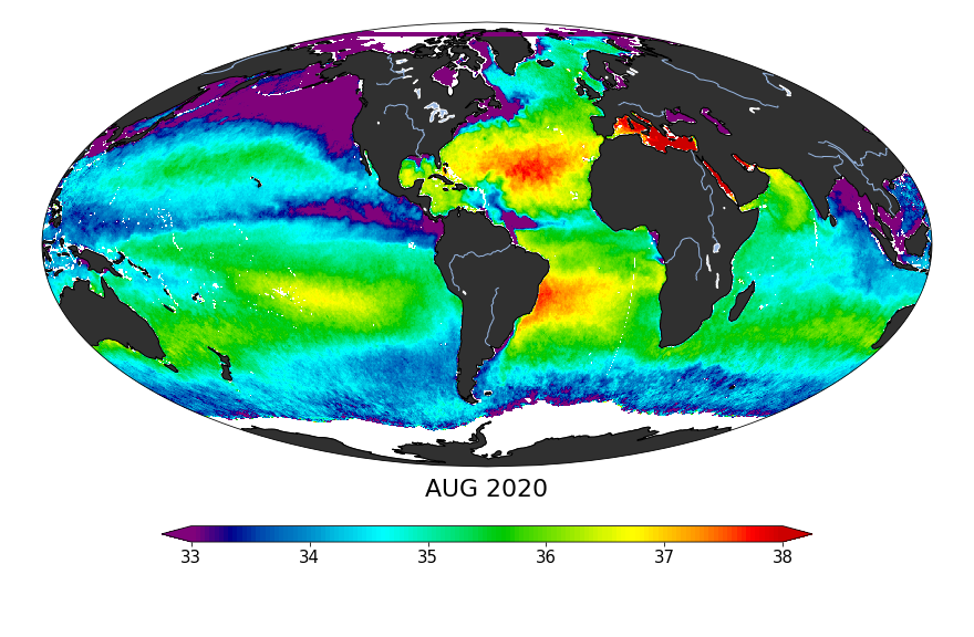 Sea Surface Salinity, August 2020
