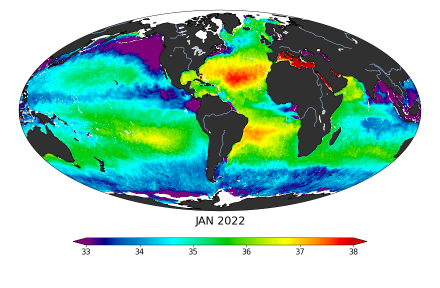 Sea Surface Salinity, January 2022