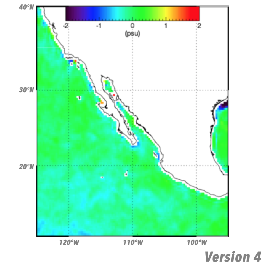 SMAP – HYCOM salinity near Baja California, V4.0 smoothed product