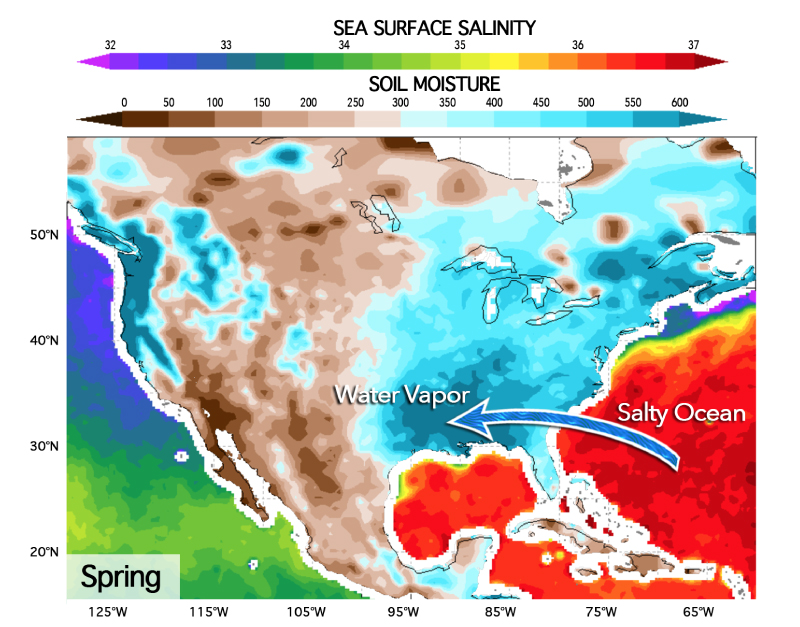 In spring, evaporation leaves the ocean saltier and water vapor is transported to the southern U.S., where it builds up soil moisture